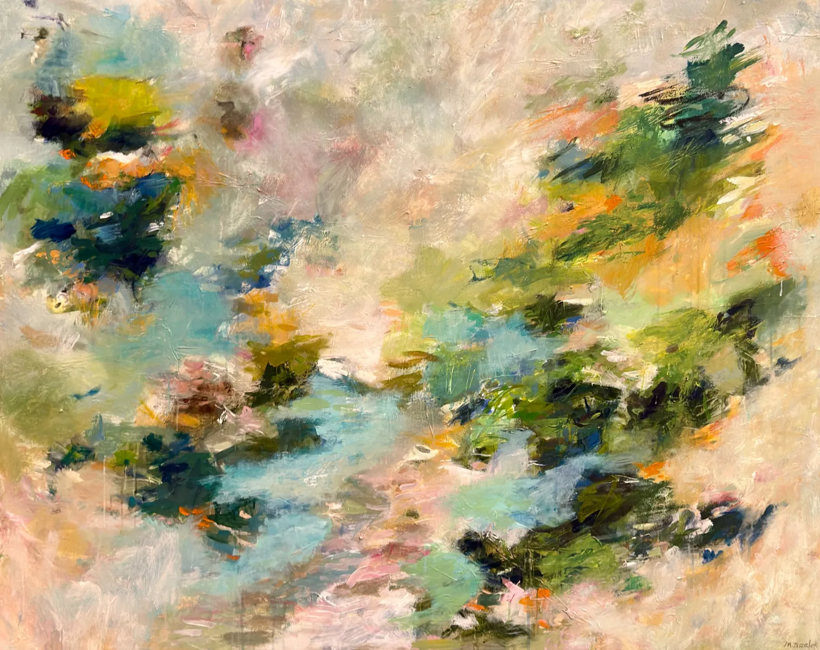 Meanwhile the World Goes On — large abstract in teal, green, peach and blush, mixed media on canvas, 40 × 60, by Michele Zuzalek