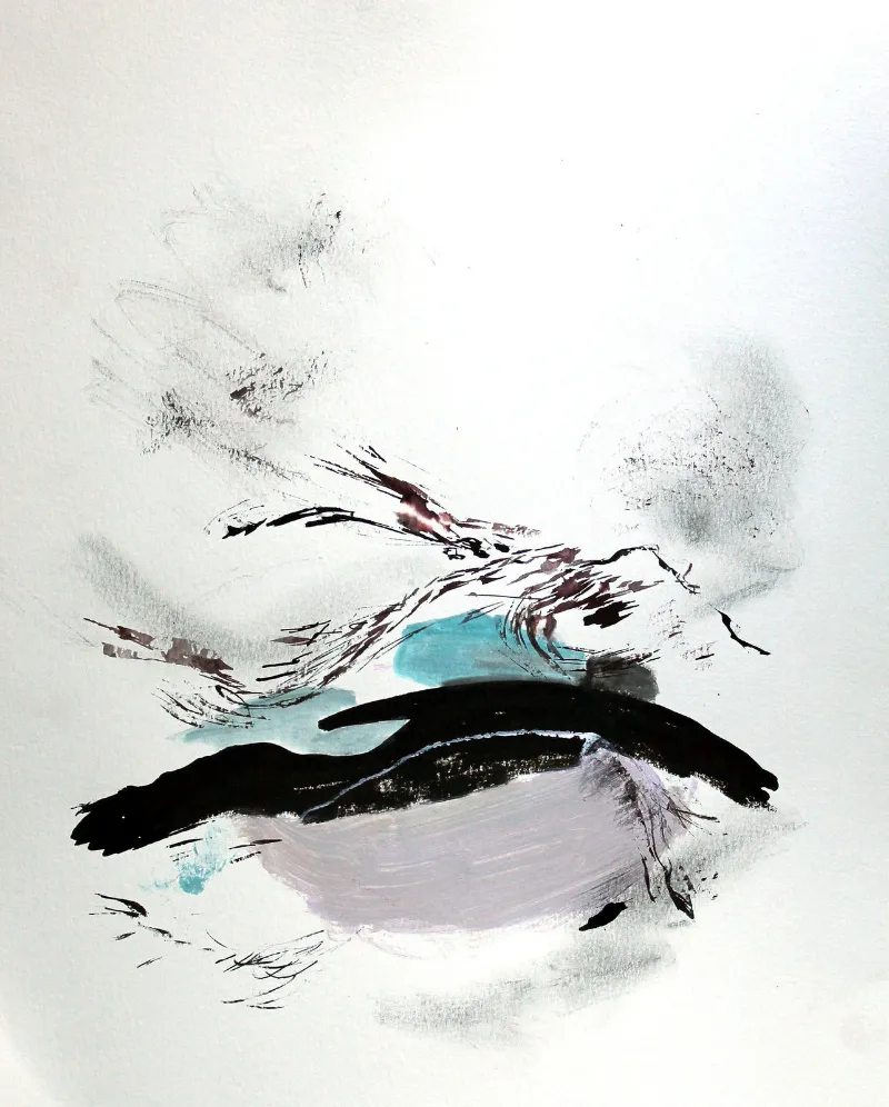 Against the Wind, Mixed media on Arches watercolor paper, 11 × 14 in — work by Michele Zuzalek