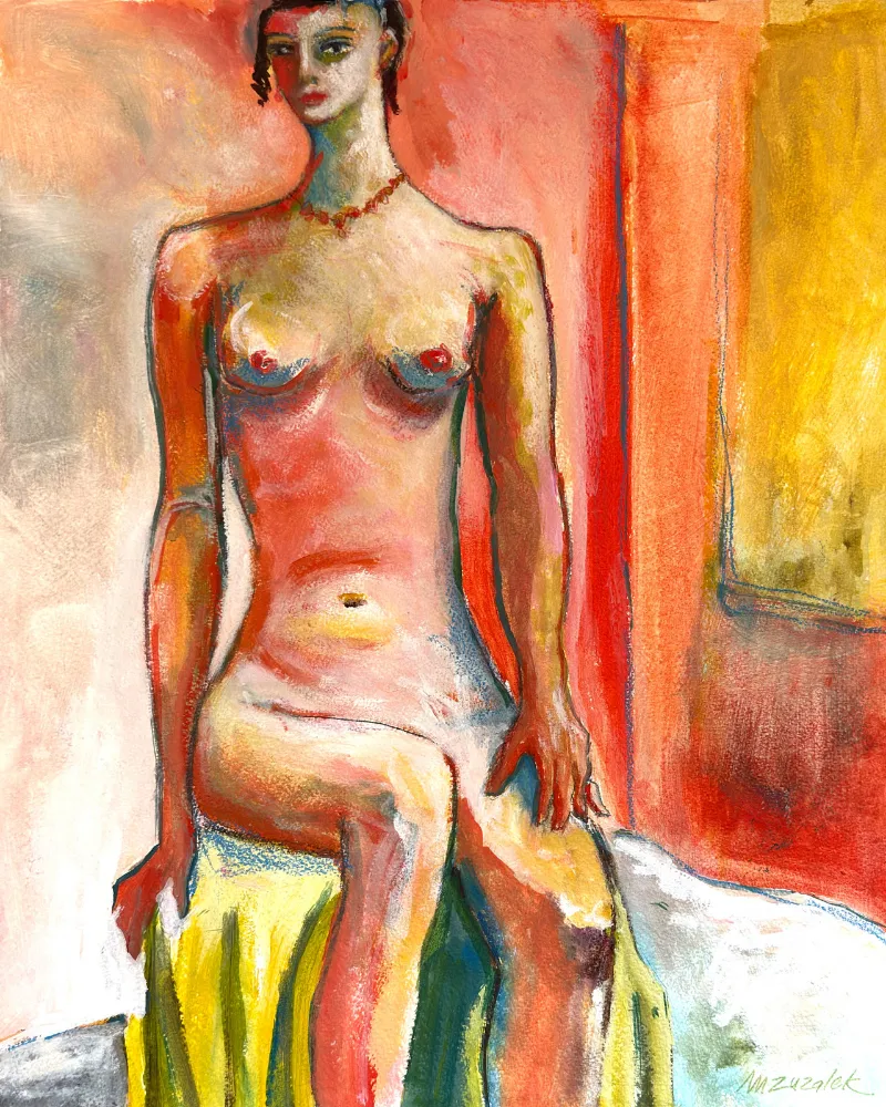 Barcelona Woman, Watercolor, ink, pastel, 17.5 × 22 in — work by Michele Zuzalek