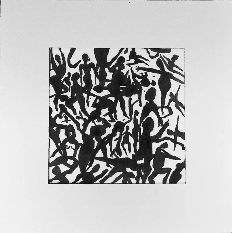 Belonging, This ink drawing on paper is, with a 4 inch white mat, 11.5 × 11.5 in — work by Michele Zuzalek