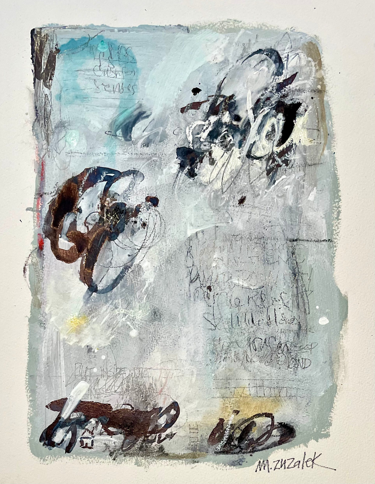 Between the Lines, Mixed media on Arches watercolor board, 12 × 16 in — work by Michele Zuzalek