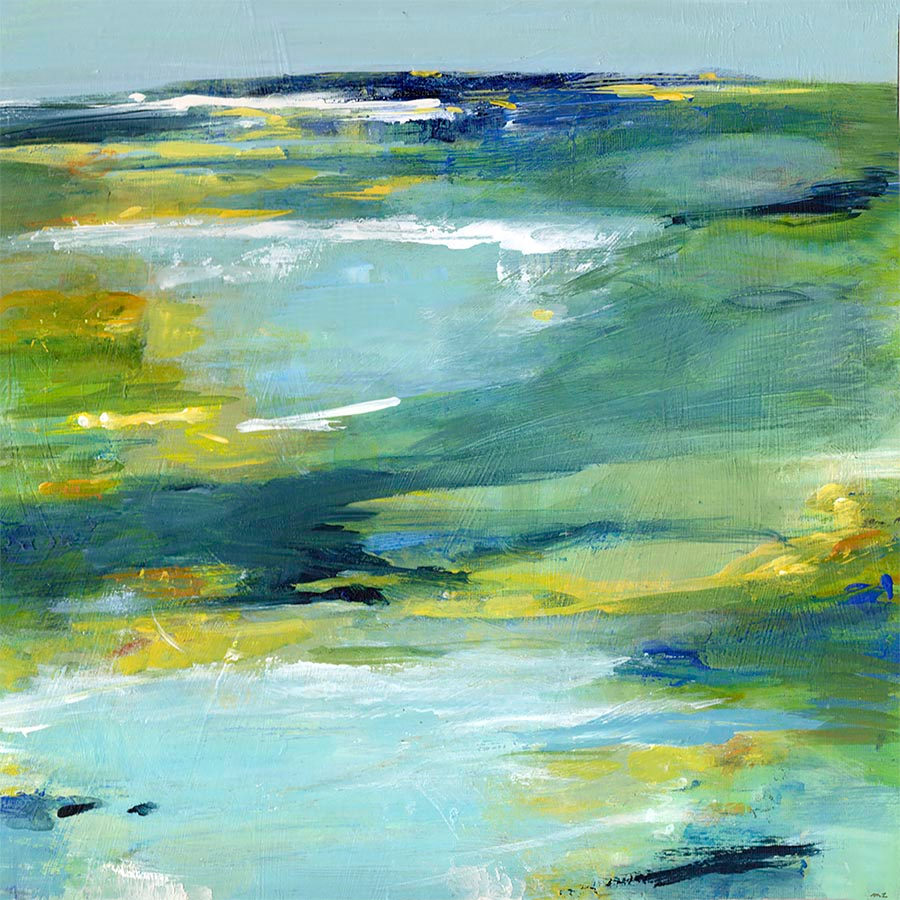 Blue Sea Welcomed Me, Mixed media on cradled panel, 12 × 12 in — painting by Michele Zuzalek