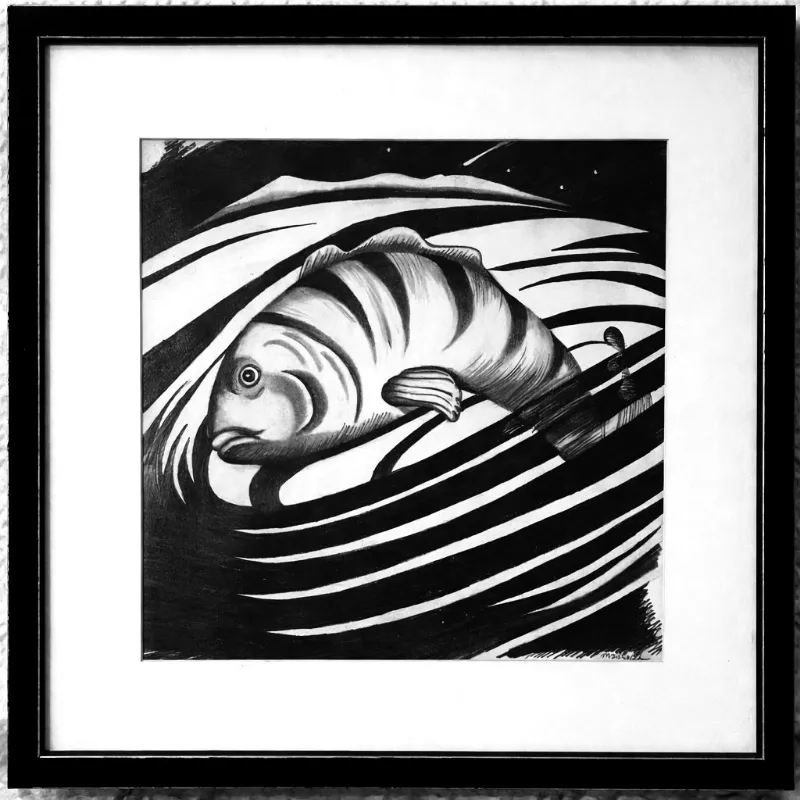 Fish Out of Water, Graphite on paper, framed, 22 × 22 in — work by Michele Zuzalek