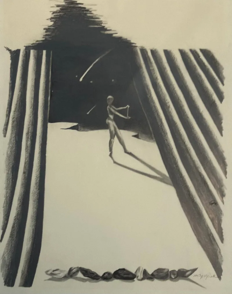 The Performer, Graphite on paper, 13 × 16 in — work by Michele Zuzalek