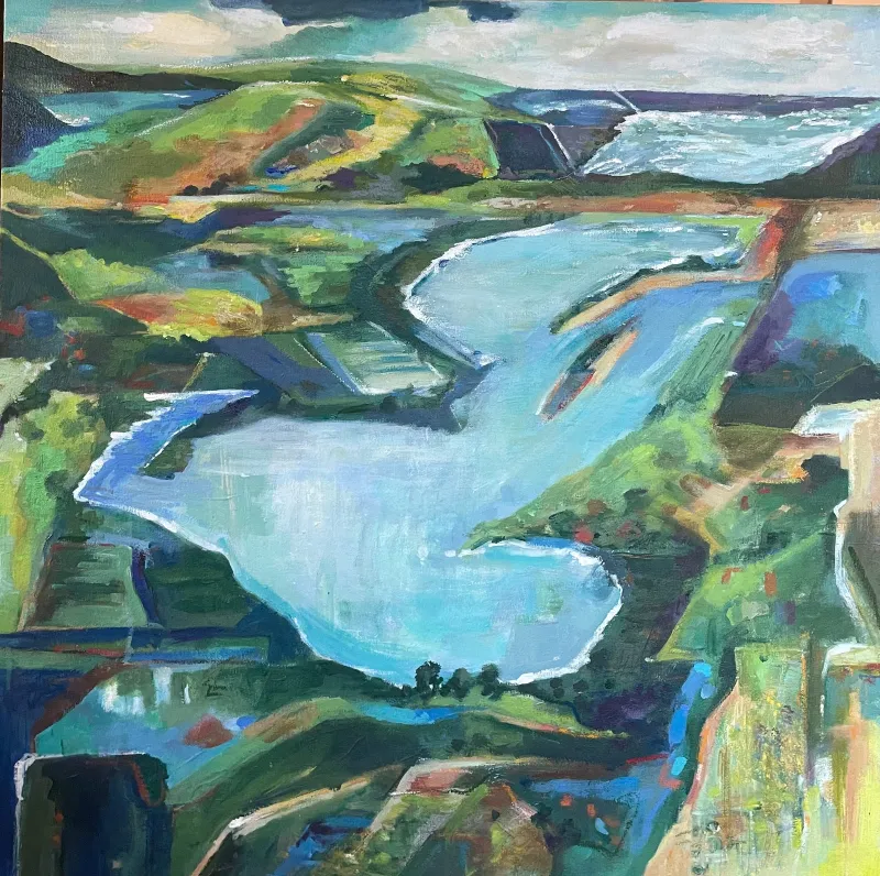 Take Me Back 2, a commissioned landscape abstract in blues and greens by Michele Zuzalek